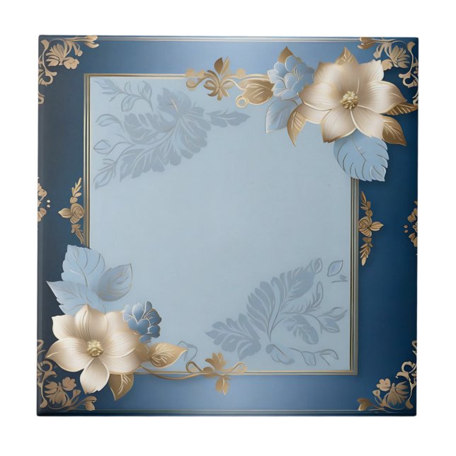 Blau und Gold florale Metalle Fliese (Vorderseite)