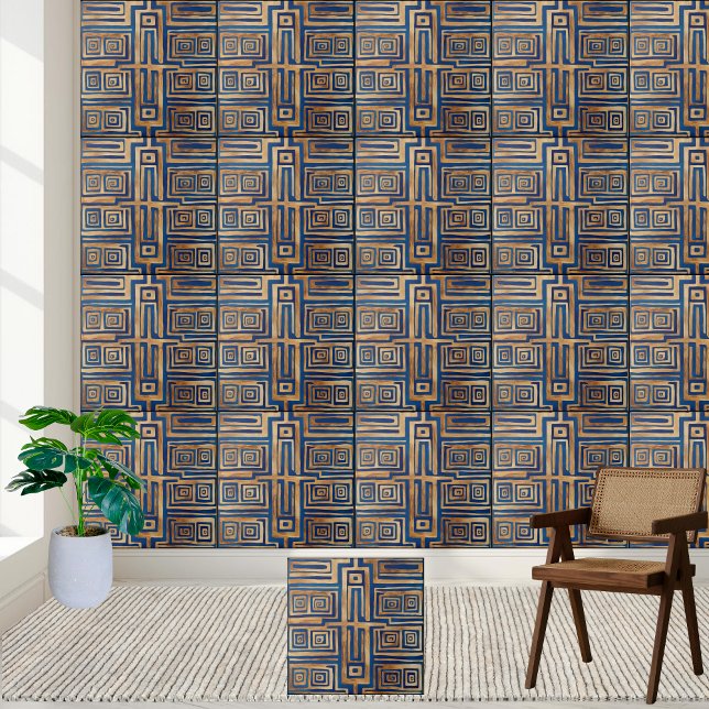 Blau und Gold geometrische antike griechische Schl Fliese (Blue and Gold Geometric Ancient Greek Key Tile)