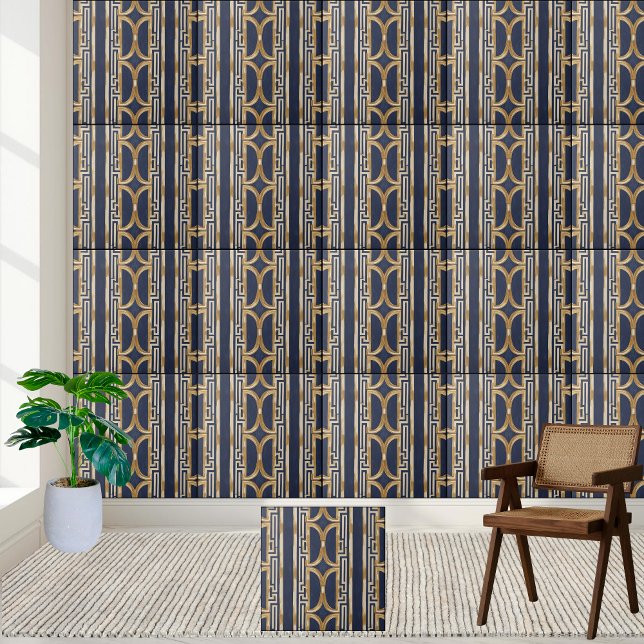 Blau und Gold geometrische griechische Schlüsselro Fliese (Navy Blue and Gold Geometric Greek Key Tile)