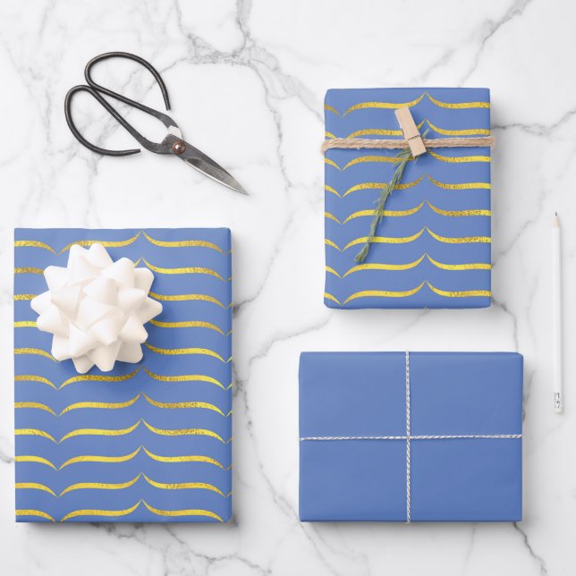 Blau und Gold Geschenkpapier Set (Vorderseite)