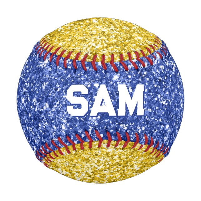 Blau und Gold Glitzer Fett Sport Monogram Baseball (Vorderseite)