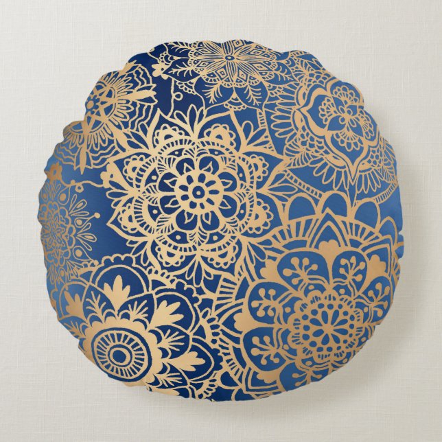 Blau und Gold Mandala Muster Rundkissen Rundes Kissen (Vorderseite)