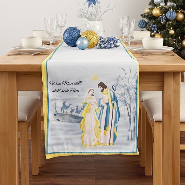 Blau und Gold Mary, Joseph und Jesus Holiday Kurzer Tischläufer (Von Creator hochgeladen)