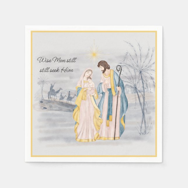 Blau und Gold Mary, Joseph und Jesus Holiday Serviette (Vorderseite)