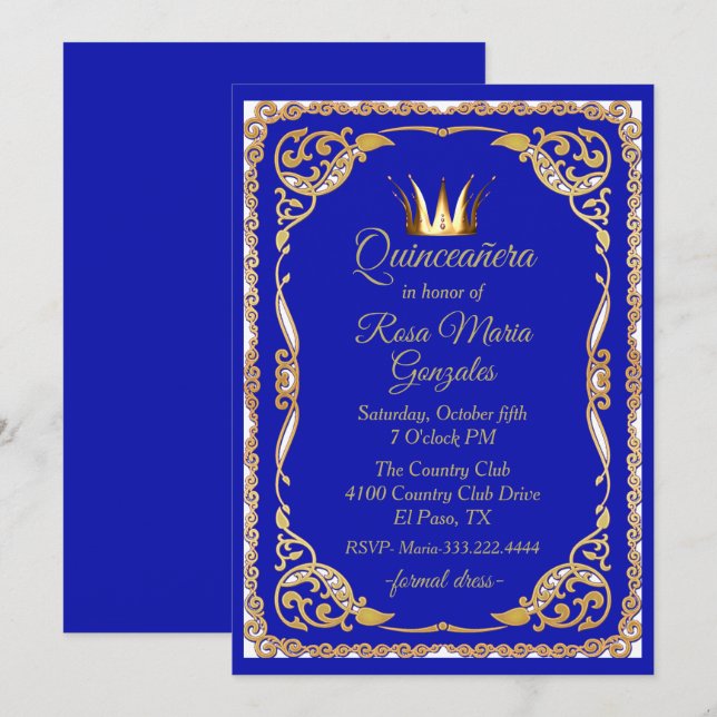 Blau und Gold mit Crown Quinceanera Einladung (Vorne/Hinten)