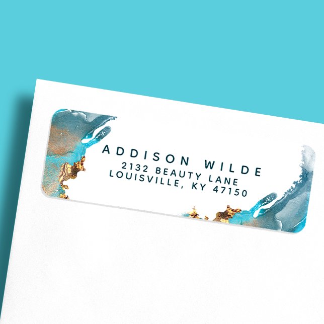 Blau und Gold moderne Art Liquid Ink Rücksendeadre (Von Creator hochgeladen)