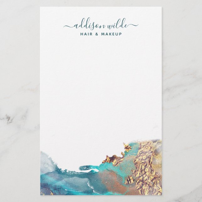 Blau und Gold Moderne Kunst Flüssige Aquarellfarbe Briefpapier (Vorderseite)