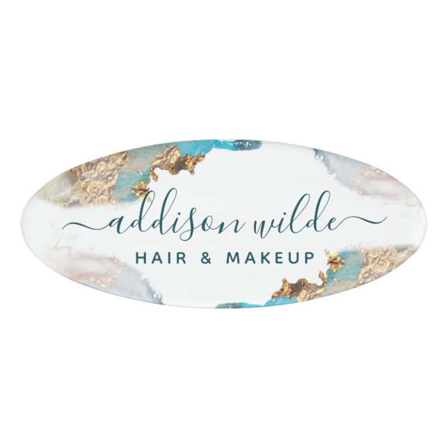 Blau und Gold Moderne Kunst Flüssige Aquarellfarbe Namenschild (Vorderseite)