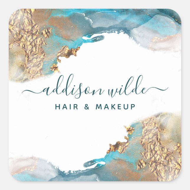 Blau und Gold Moderne Kunst Flüssige Aquarellfarbe Quadratischer Aufkleber (Vorderseite)