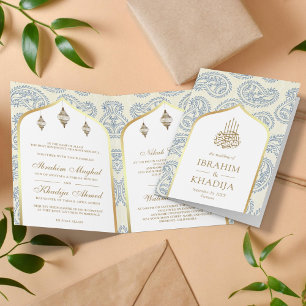 Blau und Gold Paisley QR-Code Muslimische Hochzeit Einladung