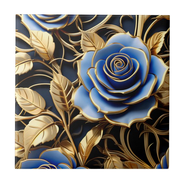 Blau und Gold Rose Jugendstil Fliese (Vorderseite)