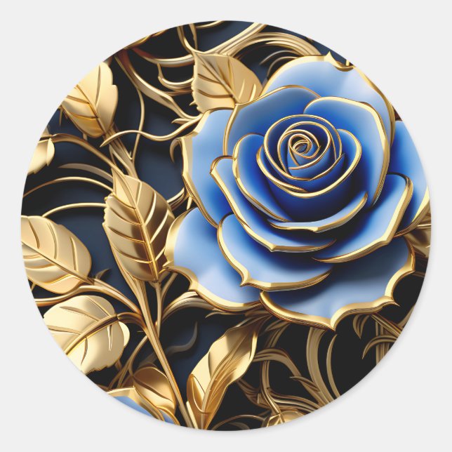 Blau und Gold Rose Jugendstil Runder Aufkleber (Vorderseite)
