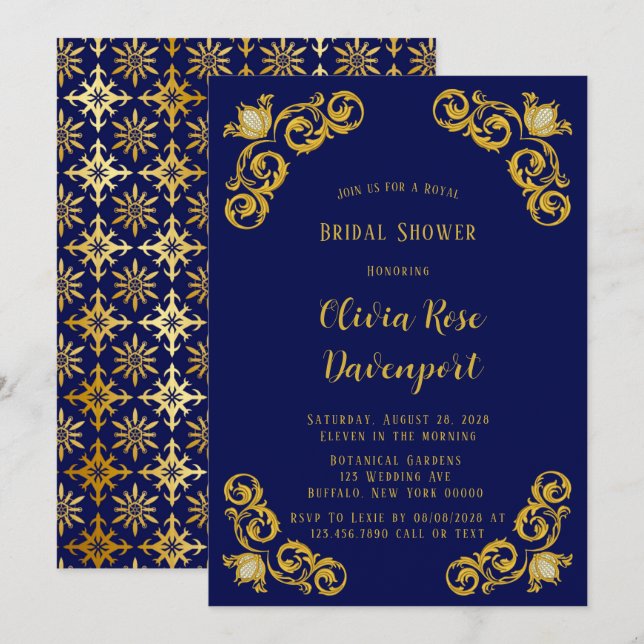 Blau und Gold Royal Crown Damask Brautparty Einladung (Vorne/Hinten)