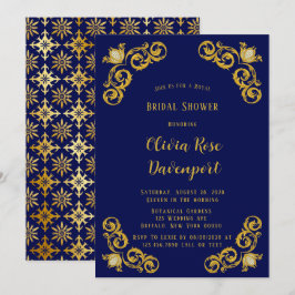 Blau und Gold Royal Crown Damask Brautparty Einladung