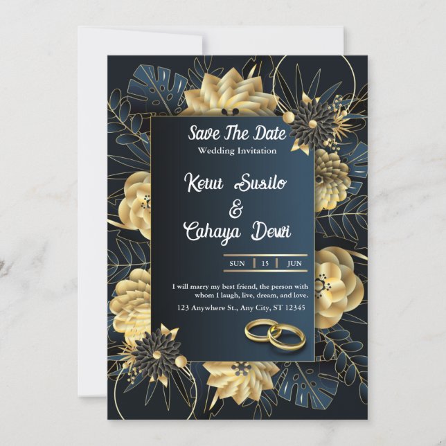 Blau und Gold Save the Date Einladung (Vorderseite)