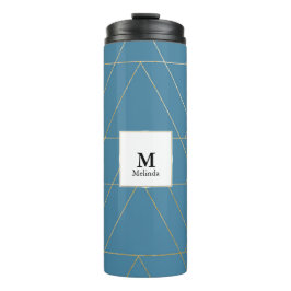 Blau und Gold Triangle Muster Monogram Tumbler Thermosbecher