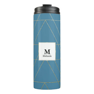 Blau und Gold Triangle Muster Monogram Tumbler Thermosbecher