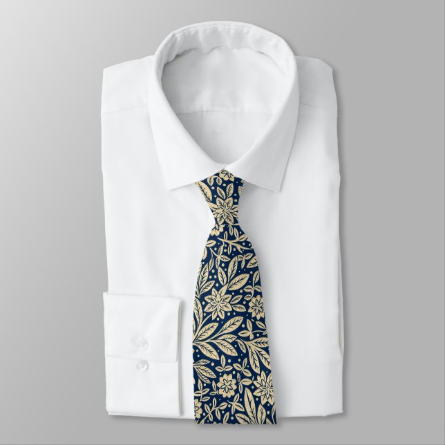 Blau und Gold Vintages Blumenmuster Krawatte (Gebunden)