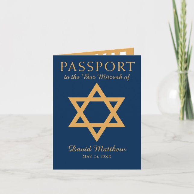 Blau-und Golddavidsstern Bar Mitzvah Pass Einladung (Vorderseite)