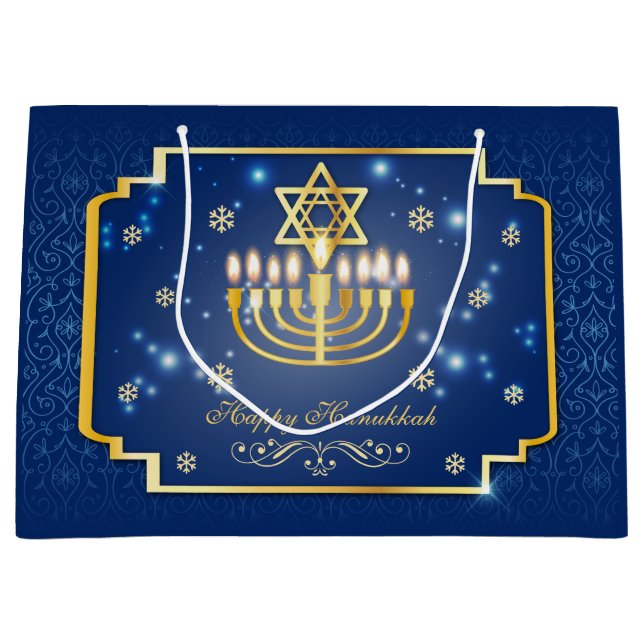 Blau und golden dekorativ Hanukkah Große Geschenktüte (Vorderseite)