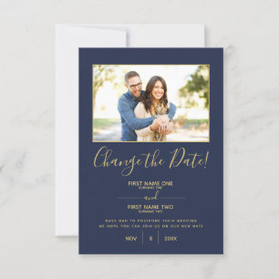 Blau und goldfarben Ihr Foto ändern die Datumskart Einladung