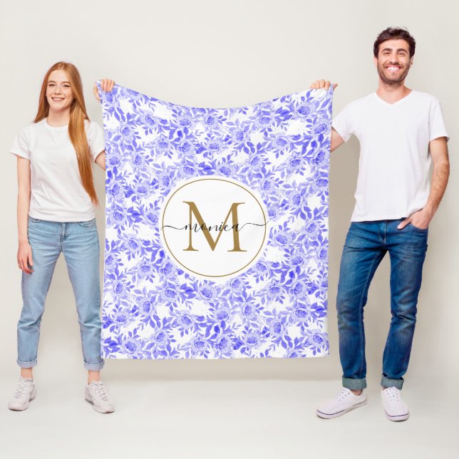 Blau und goldfarbene Flora Mit Monogramm Fleecedecke (Beispiel)