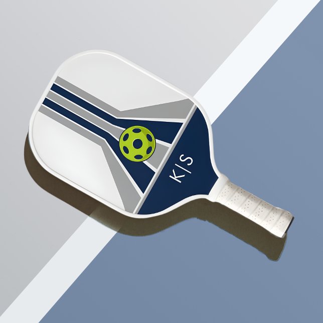 Blau und Grau | Modernes Monogramm Pickleball Schläger (Von Creator hochgeladen)