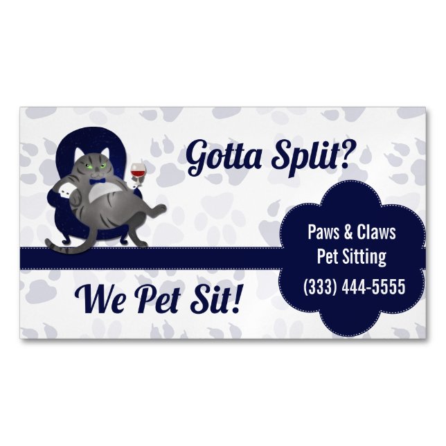 Blau und Grau Pet Sitter's Gotta Split? Paw Print Magnetische Visitenkarte (Vorderseite)