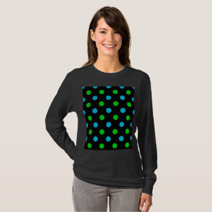 Blau und Grün auf schwarzem Punkte-Muster T-Shirt