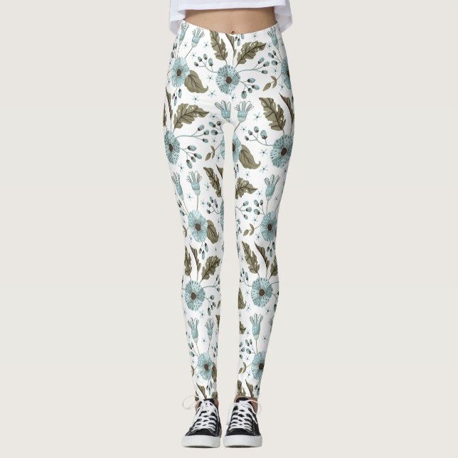 Blau und grüne Blumen Leggings (Vorderseite)