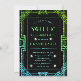 Blau und grüner Glitzer Art Deco Frame Sweet 16 Einladung