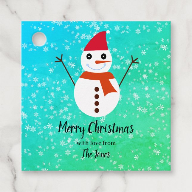 Blau und grüner Schneemann mit Schnee Weihnachten Geschenkanhänger (Vorderseite)