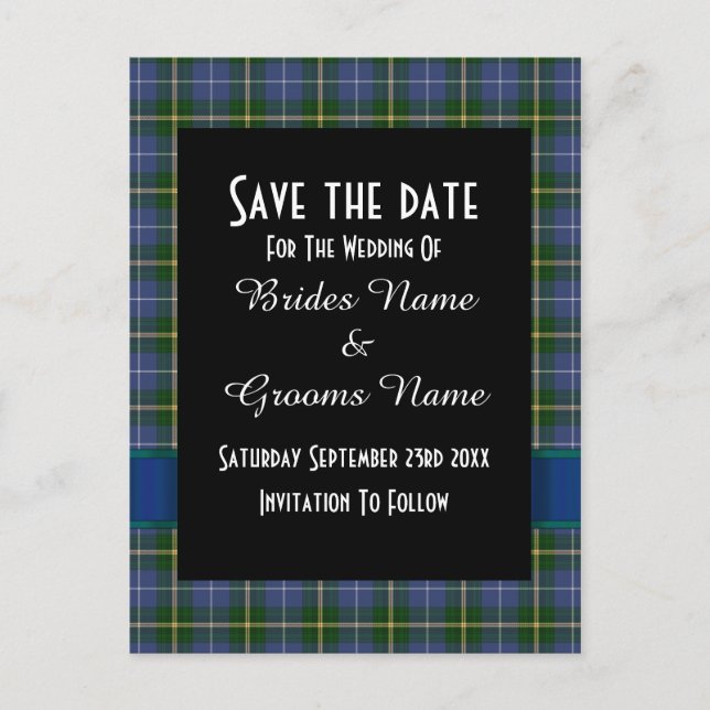 Blau und grüner Tartan Save the Date kariert Ankündigungspostkarte (Vorderseite)