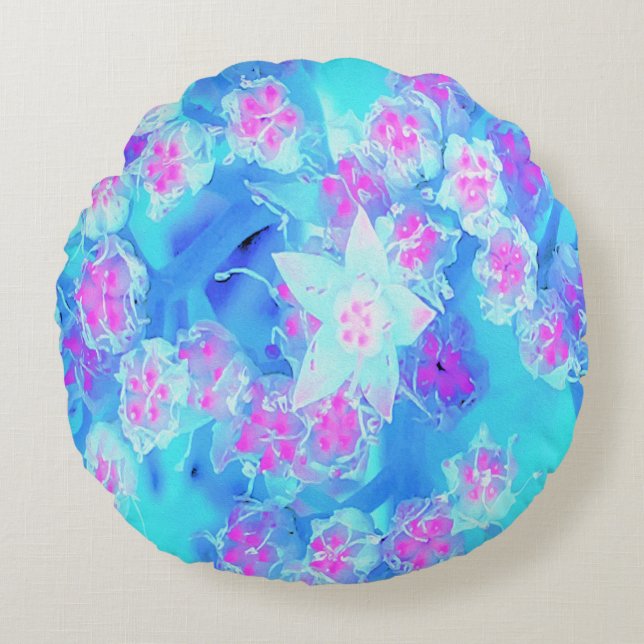 Blau und Heiß rosa Sukkuläres Unterwasser-Sedum Rundes Kissen (Vorderseite)