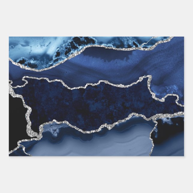 Blau und Imitate Silver Glitzer Marmorflasche Geschenkpapier Set (Vorderseite)