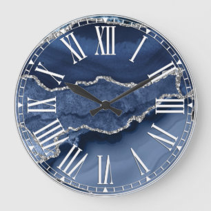 Blau und Imitate Silver Glitzer Marmorflasche Große Wanduhr