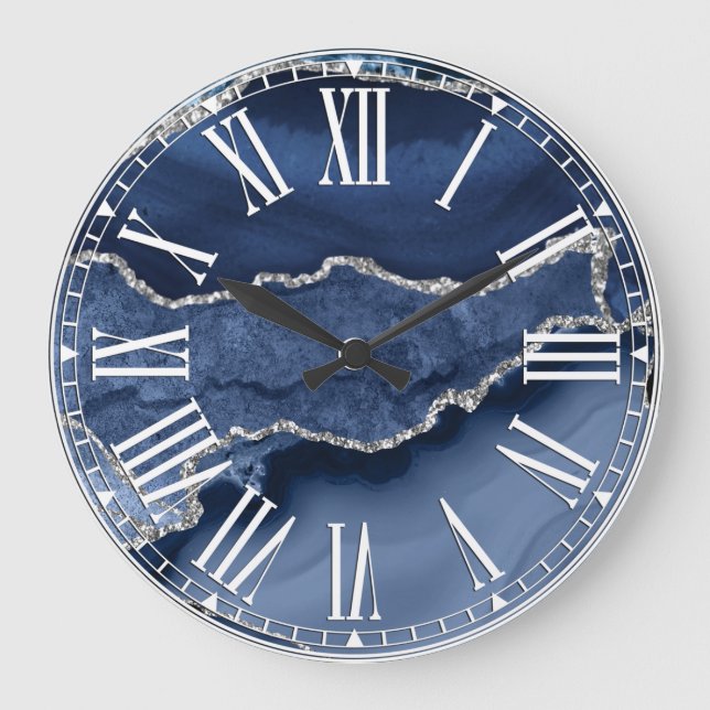 Blau und Imitate Silver Glitzer Marmorflasche Große Wanduhr (Vorderseite)