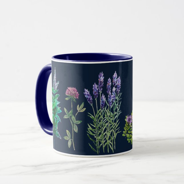 Blau- und Lila-Blumen in Aquarelle Tasse (Vorderseite Links)