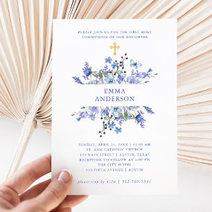 Blau und Lila Floral First Heilige Kommunion Einladung