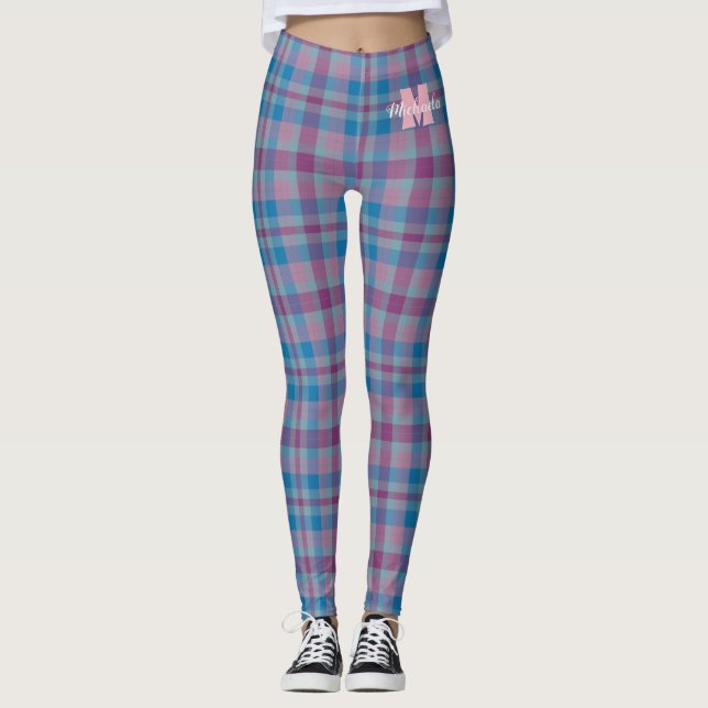 Blau und lila karierte Monogramm-Leggings Leggings (Vorderseite)