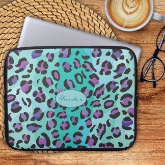 Blau- und Lila-Leopardenprint Monogramm Laptopschutzhülle
