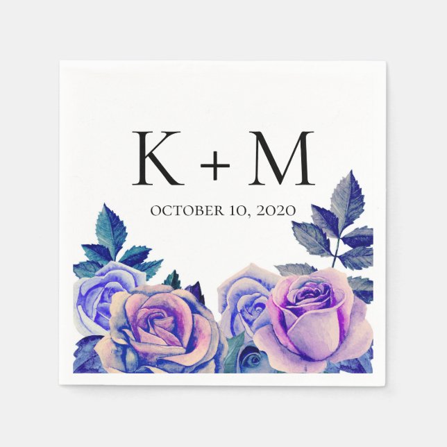 Blau und lila Rose Aquarell. Hochzeitsblumen Serviette (Vorderseite)