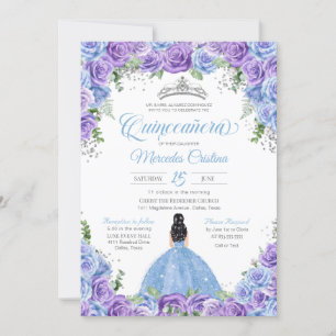 Blau und Lila Rose und Silver Tiara Quinceanera I Einladung