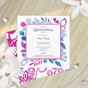 Blau und Magenta Rosa Quinceañera Einladung