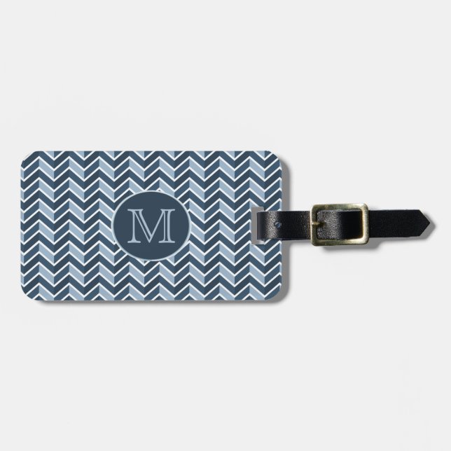 Blau-und Marine-Blau-Zickzack Muster-Monogramm Gepäckanhänger (Vorderseite horizontal)
