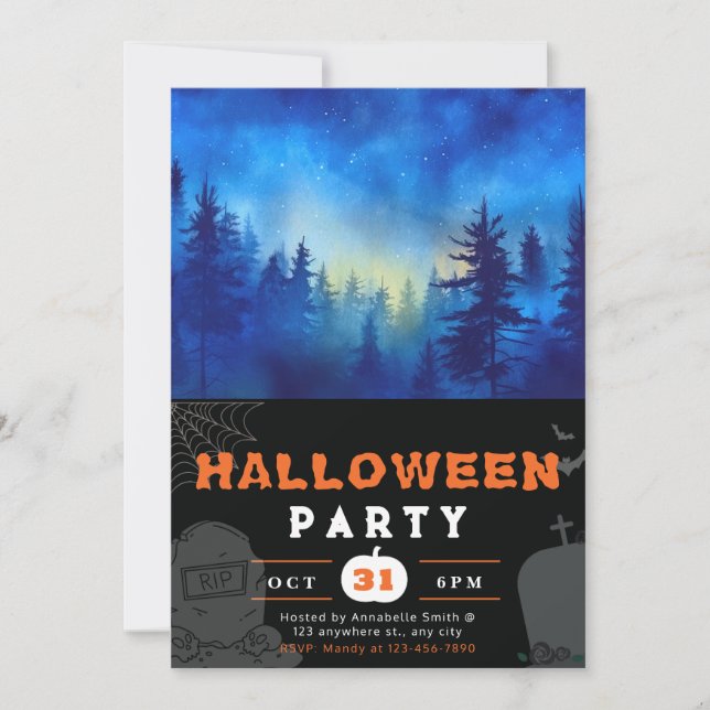 Blau und Moonlit Forest Black Halloween Einladung (Vorderseite)