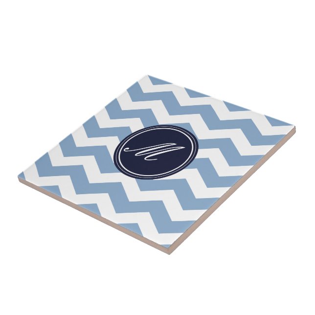 Blau und Navy Blau Zickzack mit Monogram Tiles Fliese (Seite)