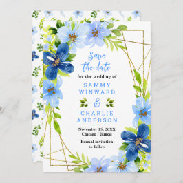 Blau- und Navy-Blume mit Foliage Wedding Save The Date
