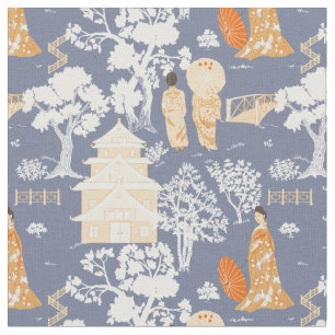 Blau und Orange Chinoiserie Pagodas Stoff