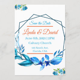 Blau und orange Hochzeit speichern das Datum Einladung